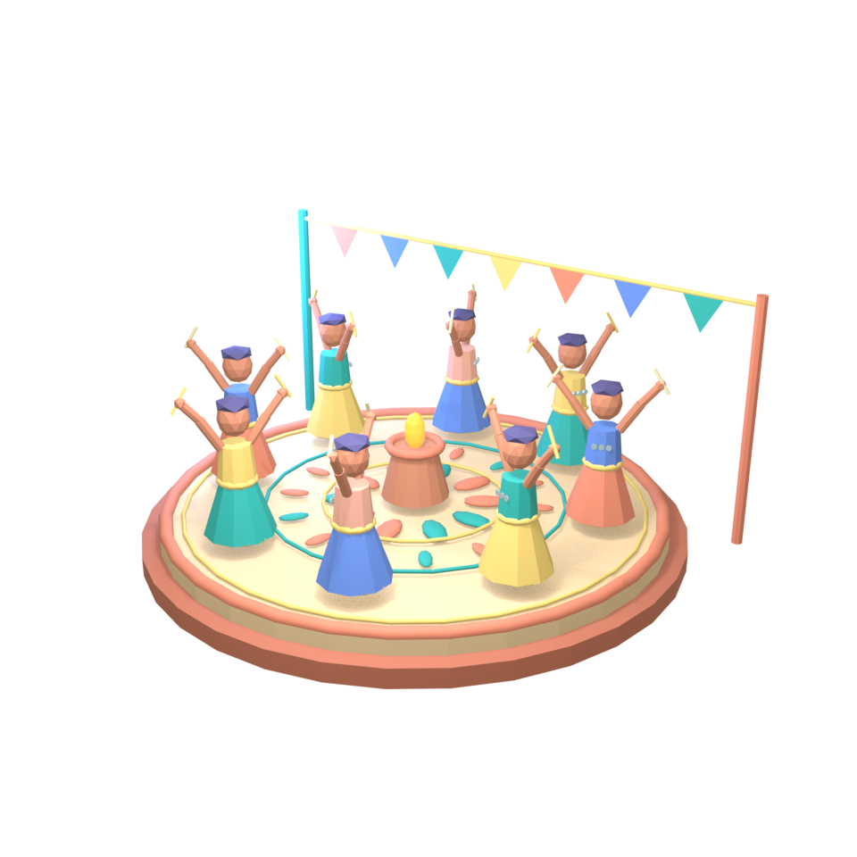Illustrated Garba dancers circling a glowing garbo pot in a courtyard